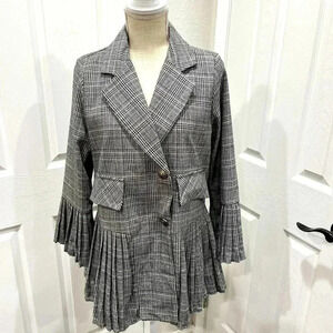 Academia jacket tweed button front, pleated bell sleeves pleated hem